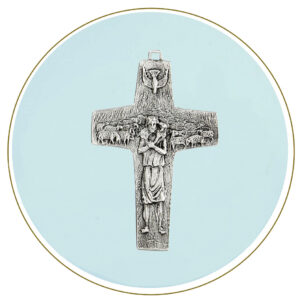 Croce pettorale Vedele 44,6x41mm in metallo argentato con Buon Pastore e colomba