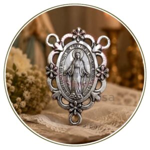 Crocera per rosario Madonna Miracolosa in metallo argento devozionale 32 mm