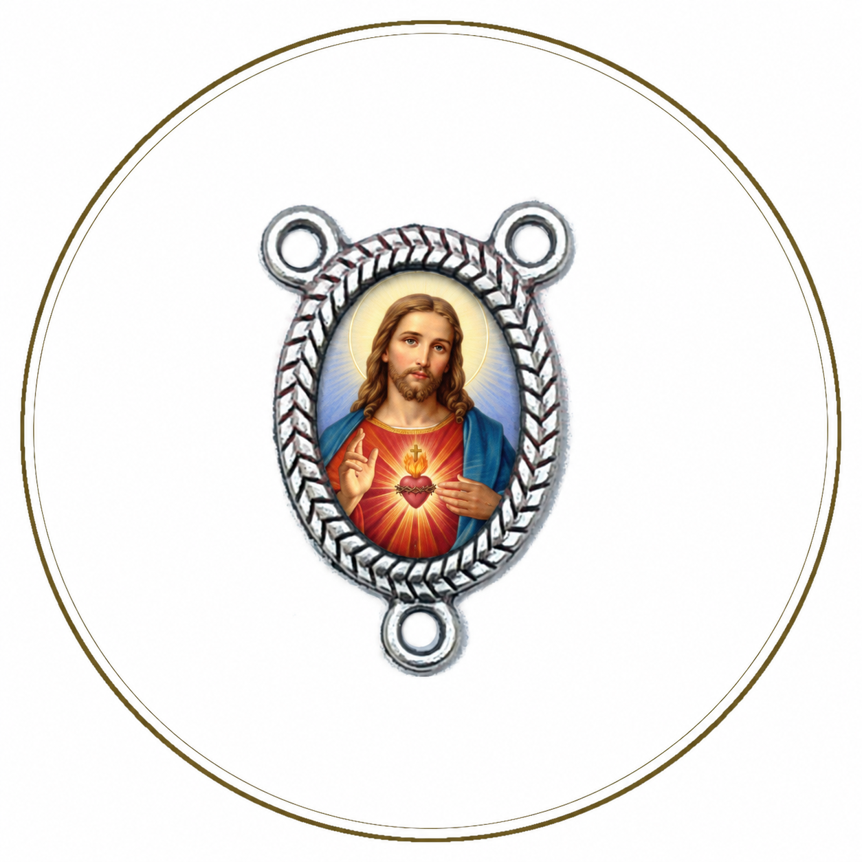 Crocera per rosario in metallo argentato 22 mm con immagini fronte e retro