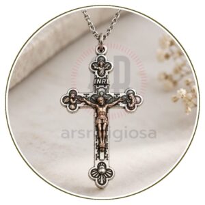 Croce per rosario in metallo color argento con Crocifisso