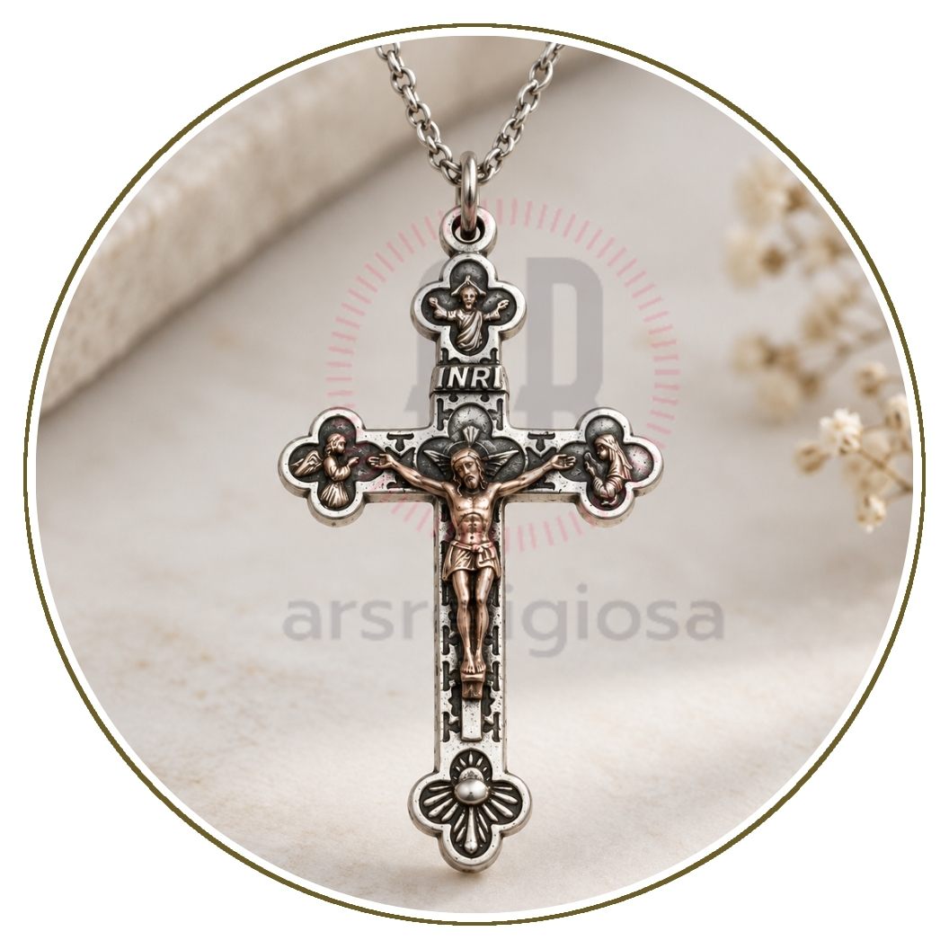 Croce per rosario in metallo color argento con Crocifisso