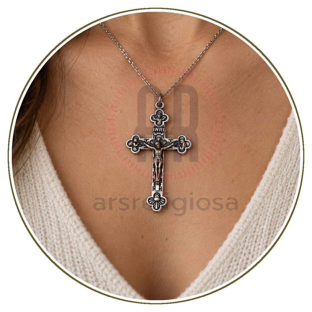 Croce per rosario in metallo color argento con Crocifisso