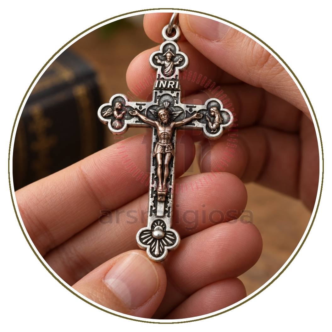 Croce per rosario in metallo color argento con Crocifisso