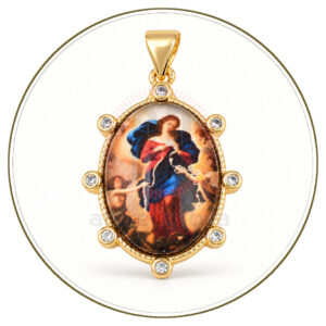 Medaglia Madonna che Scioglie i Nodi in ottone dorato 18 kt con zirconi