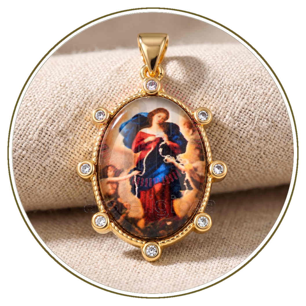 Medaglia Madonna che Scioglie i Nodi in ottone dorato 18 kt con zirconi
